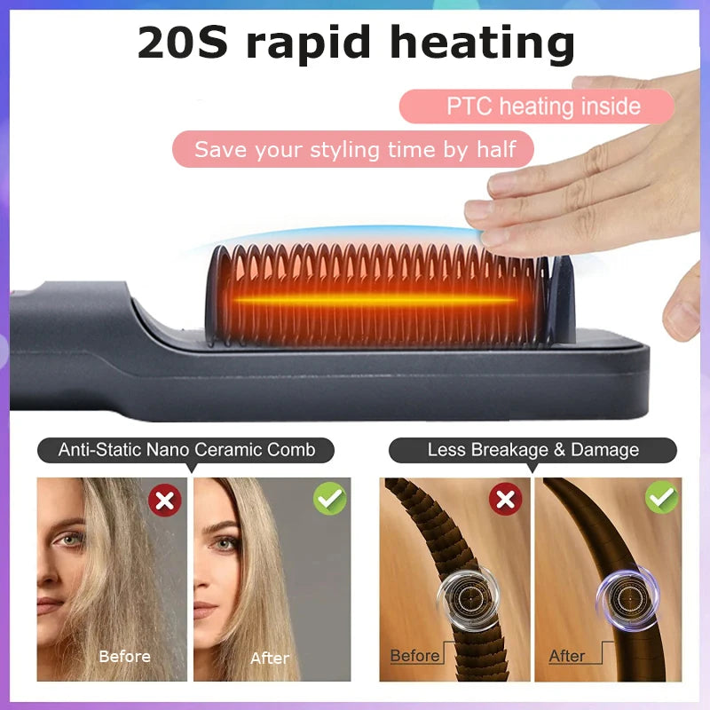 Curler Hot Comb 3 in 1 Hair Straightener Brush Heating Comb Straightener Electric Hair Straightening and Curly Iron Brush Comb