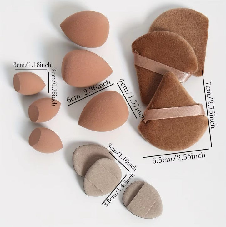 12-Piece Makeup Sponge Collection: 3 Powder Puffs, 3 Mini Air Cushion Puffs, 3 Beauty Sponges, 3 Mini Sponges.